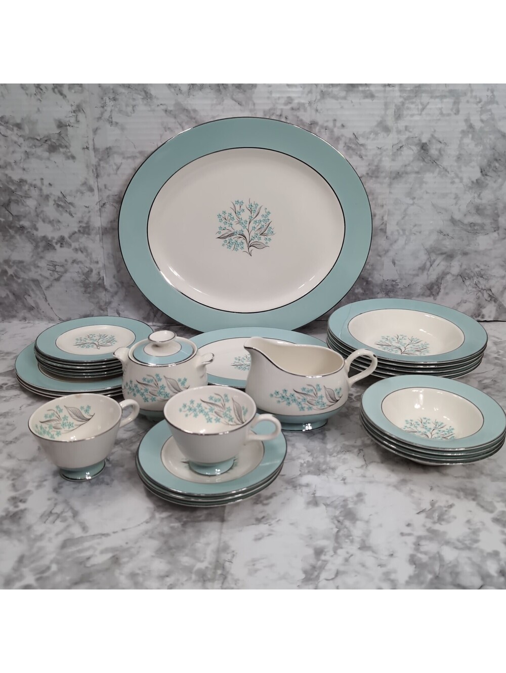 Sevron Blue Lace China Dinnerware Set 27 Pc Mid Century Aqua Platinum MC Vintage
